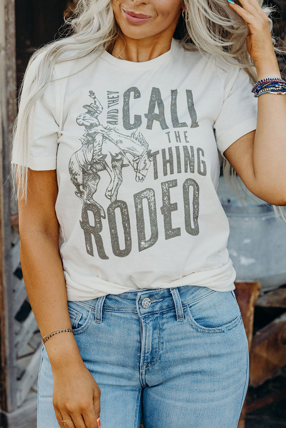 White AND THEY CALL THE THING RODEO Print Round Neck T Shirt Graphic Tees JT's Designer Fashion
