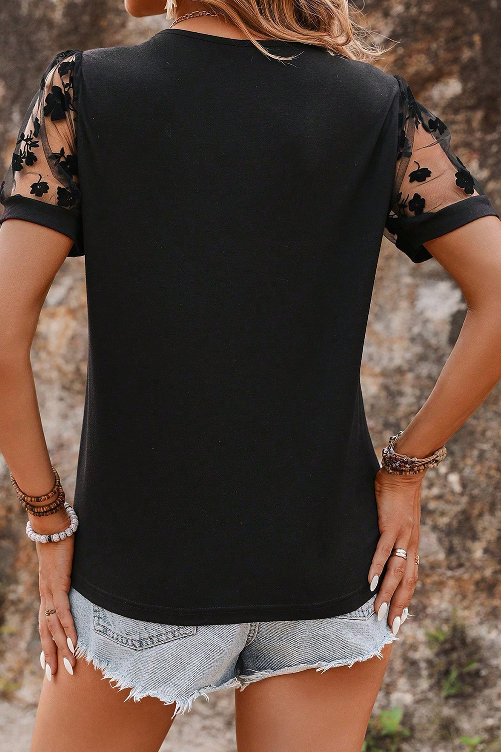 Black Floral Mesh Patchwork Loose V Neck Plus Size T Shirt Plus Size Tops & Tees JT's Designer Fashion