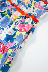 Sky Blue Floral Printed V Notched Ric Rac Flutter Sleeve Dress Floral Dresses JT's Designer Fashion