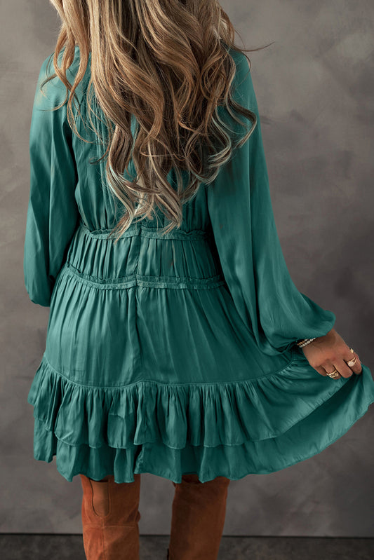 Mist Green Tiered Ruffled Puff Sleeve Loose Fit Mini Dress Mini Dresses JT's Designer Fashion