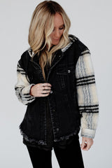 Black Plaid Sleeve Frayed Hem Hooded Denim Jacket Denim Jackets JT's Designer Fashion