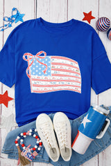Dark Blue Bowknot Floral American Flag Print Side Slit 4th July T Shirt Graphic Tees JT's Designer Fashion