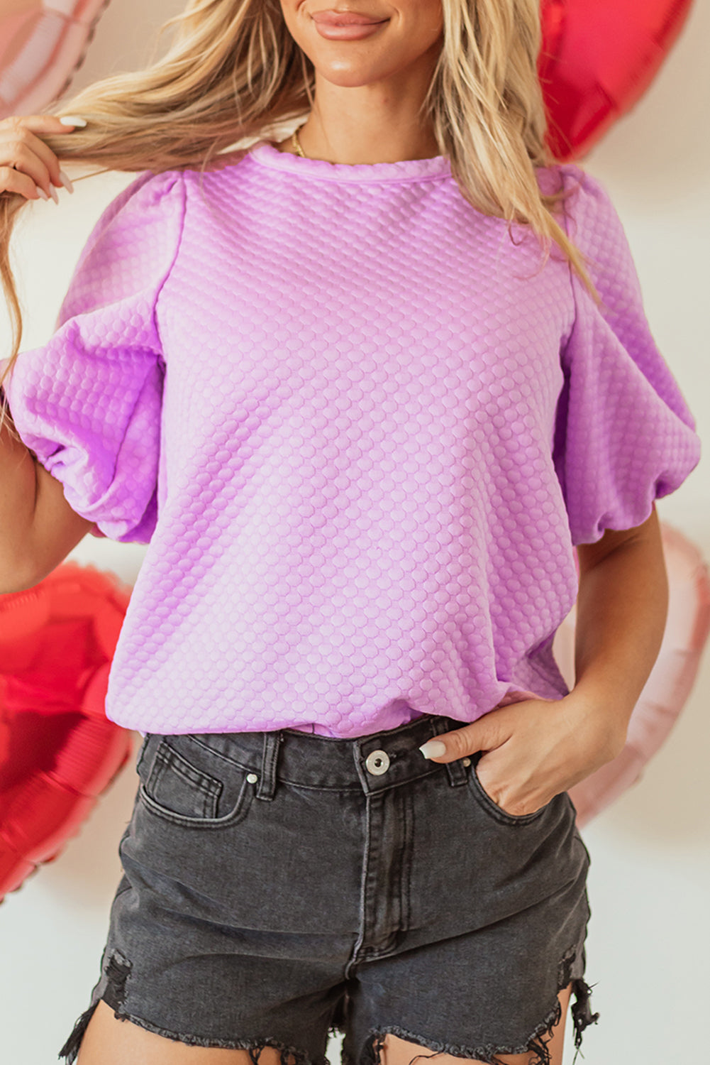 Phalaenopsis Solid Textured O Neck Puff Sleeve Blouse Blouses & Shirts JT's Designer Fashion