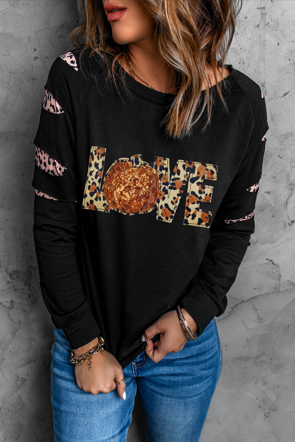 Black LOVE Sequin Pumpkin Leopard Print Cut Out Sleeve Sweatshirt Graphic Sweatshirts JT's Designer Fashion