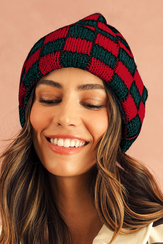 Racing Red Two Tone Checkered Folded Eaveless Beanie Cap Headwear JT's Designer Fashion