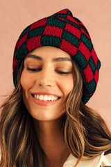Racing Red Two Tone Checkered Folded Eaveless Beanie Cap Headwear JT's Designer Fashion