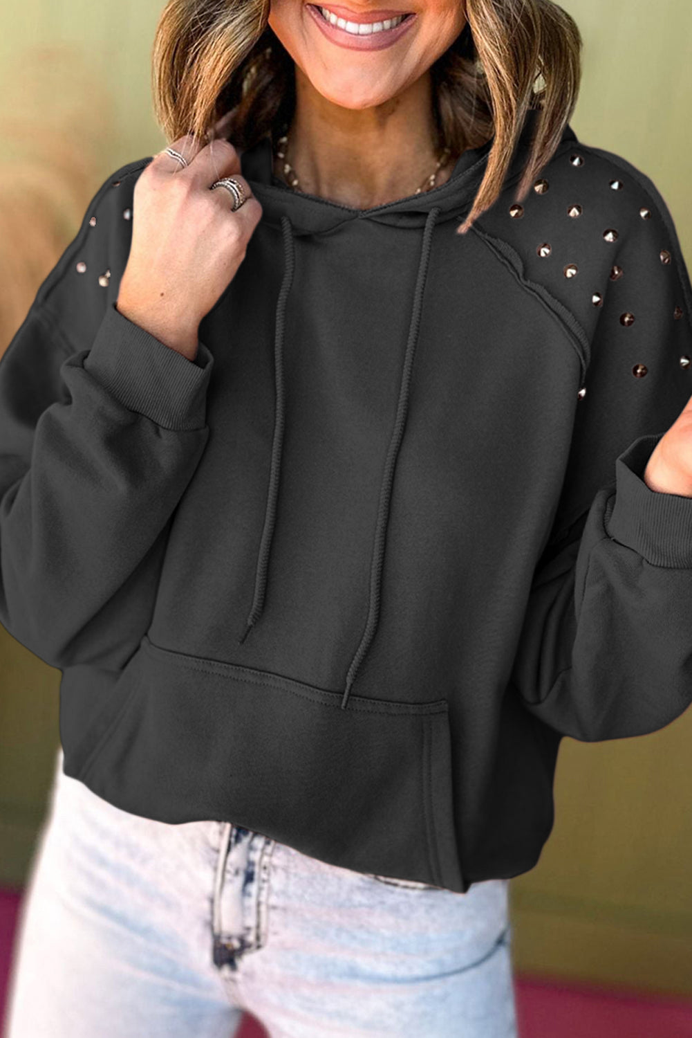 Black Solid Color Rivet Stud Raglan Sleeve Hoodie with Pocket Sweatshirts & Hoodies JT's Designer Fashion