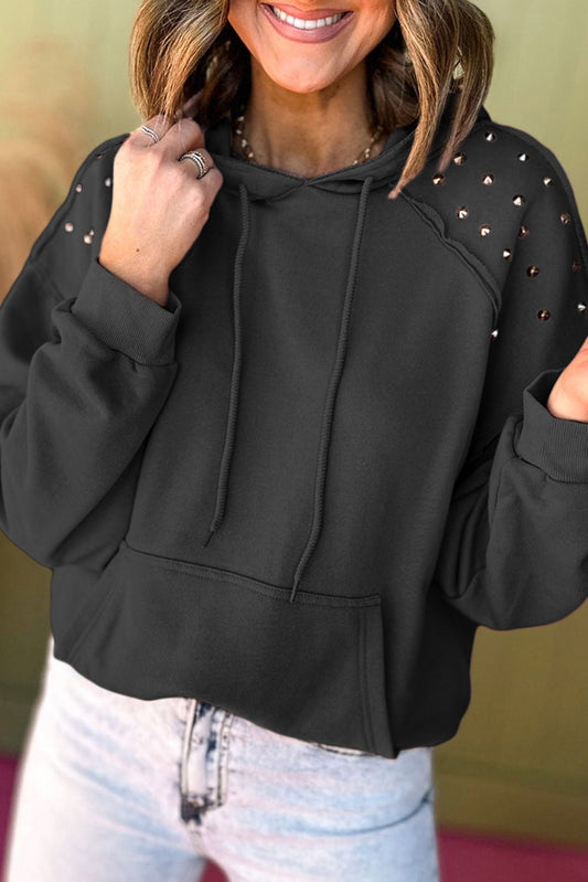 Black Solid Color Rivet Stud Raglan Sleeve Hoodie with Pocket Sweatshirts & Hoodies JT's Designer Fashion
