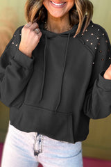 Black Solid Color Rivet Stud Raglan Sleeve Hoodie with Pocket Sweatshirts & Hoodies JT's Designer Fashion