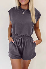 Bristol Black Knit Open Back Cap Sleeve Drawstring Romper Jumpsuits & Rompers JT's Designer Fashion