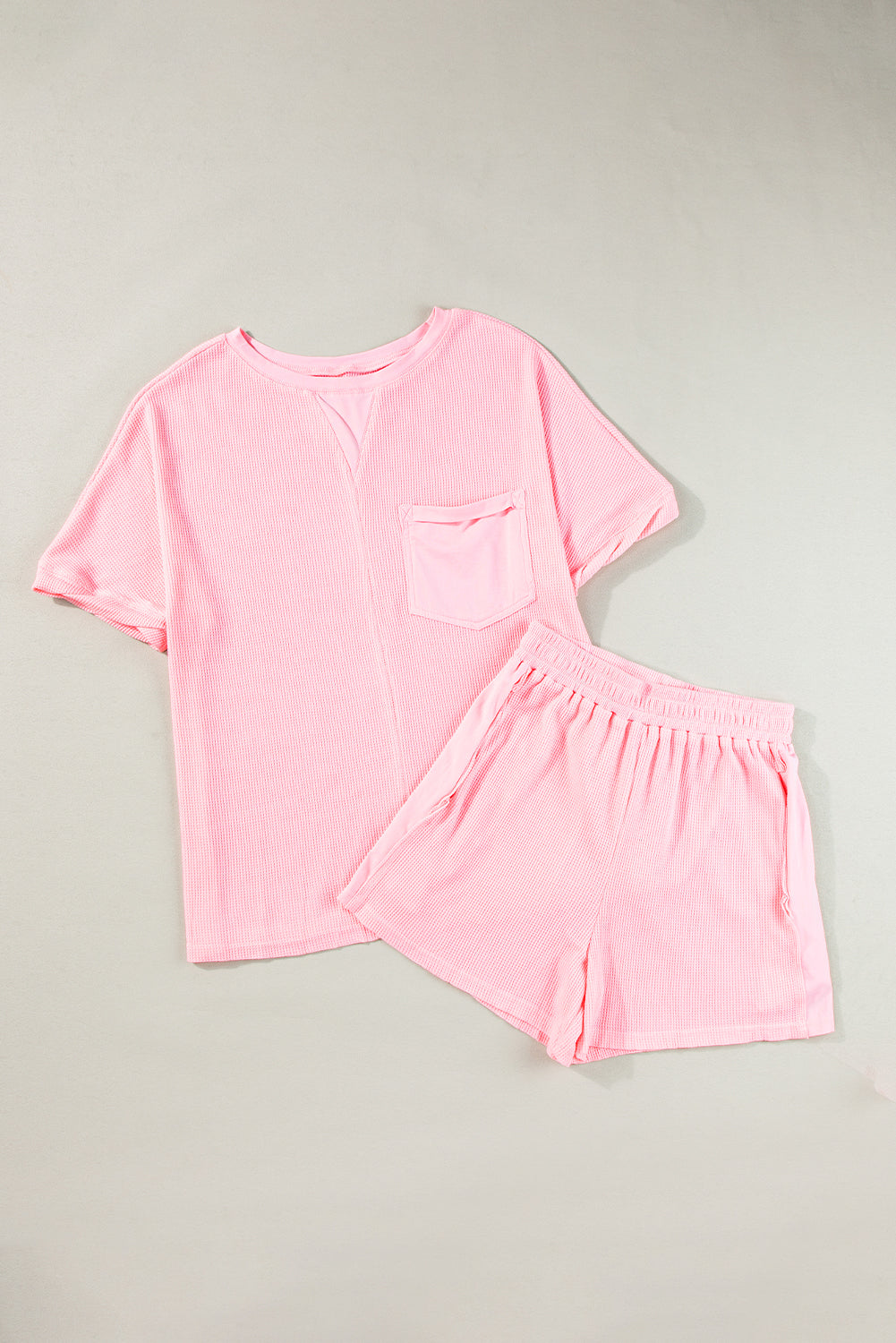 Light Pink Waffle Knit Oversize Tee and Shorts Set Short Sets JT's Designer Fashion