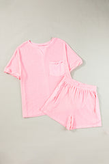 Light Pink Waffle Knit Oversize Tee and Shorts Set Short Sets JT's Designer Fashion