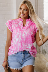 Pink Abstract Print Ric Rac Trim Flutter Sleeve Notch V Neck Blouse Blouses & Shirts JT's Designer Fashion