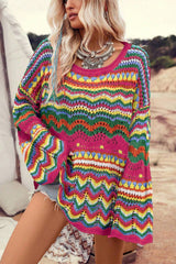 Rose Red Colorblock Striped Hollowed Knit Loose Sleeve Sweater Rose Red 55%Acrylic+45%Cotton Sweaters JT's Designer Fashion