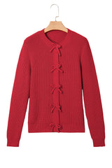 Fiery Red Ribbed Knit Bow Front Buttoned Cardigan Cardigans JT's Designer Fashion