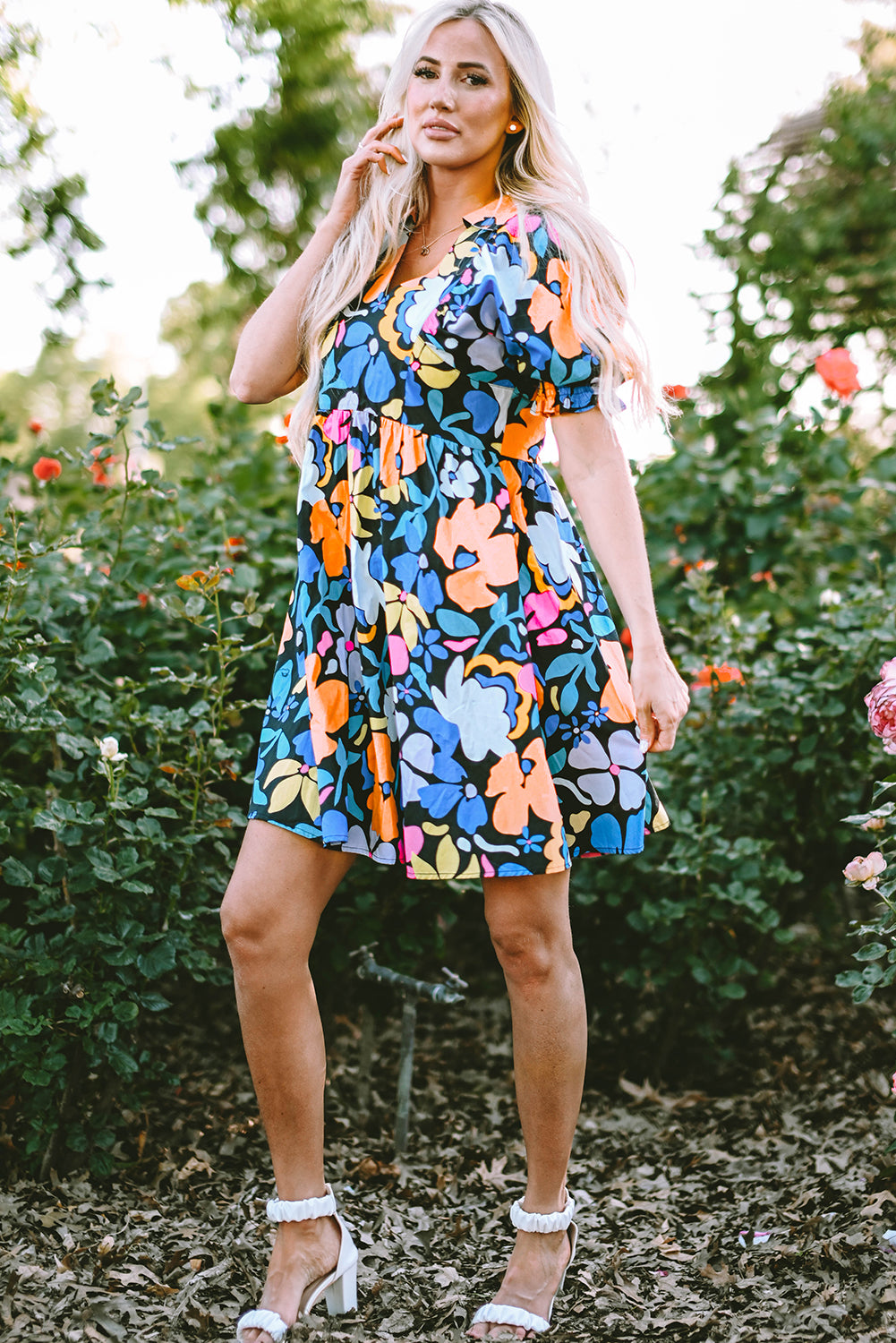 Blue Collared Split Neck Floral Flared Dress Floral Dresses JT's Designer Fashion