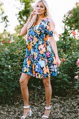 Blue Collared Split Neck Floral Flared Dress Floral Dresses JT's Designer Fashion
