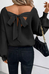Black Lantern Sleeve V Neck Knot Back Sweater Black 50%Viscose+28%Polyester+22%Polyamide Sweaters JT's Designer Fashion