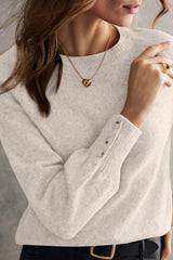 White Buttoned Bishop Sleeve Crew Neck Sweater White 75%Polyester+20%Acrylic+5%Polyamide Sweaters JT's Designer Fashion