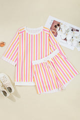 Pink Stripe Drop Shoulder Half Sleeve Loose Tee and Shorts Casual Set Short Sets JT's Designer Fashion
