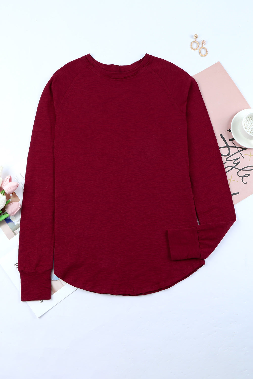 Fiery Red Solid Crew Neck Long Sleeve Top Long Sleeve Tops JT's Designer Fashion