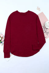 Fiery Red Solid Crew Neck Long Sleeve Top Long Sleeve Tops JT's Designer Fashion