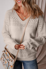 Brown Eyelet Pattern Detail V Neck Drop Shoulder Sweater Sweaters JT's Designer Fashion