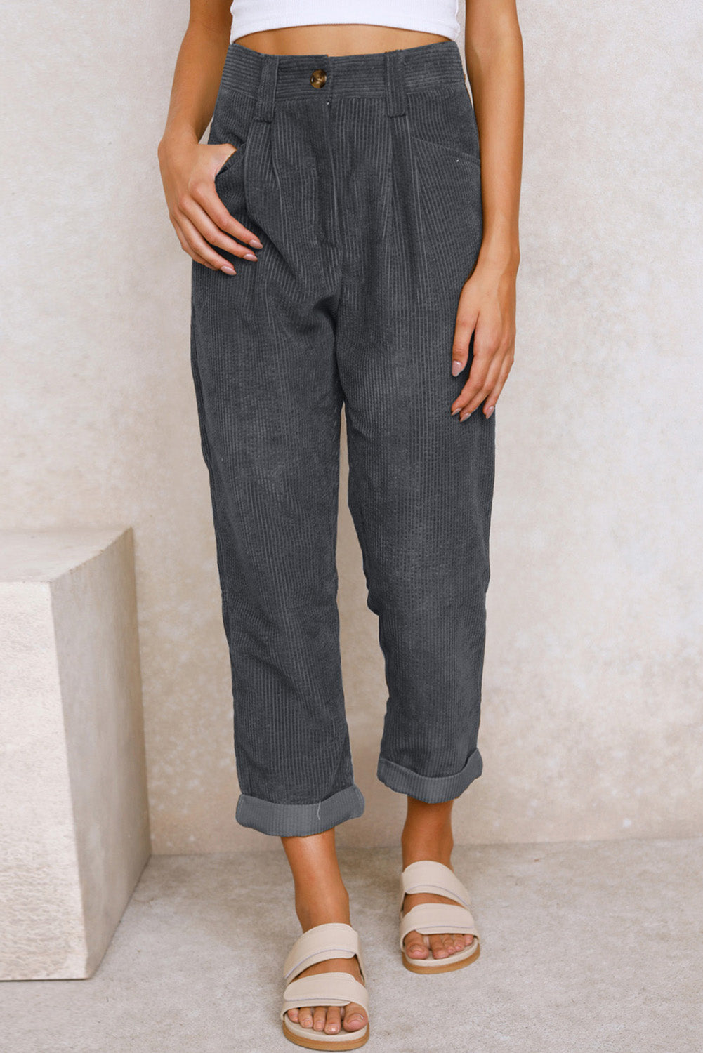 Gray Corduroy High Waist Straight Leg Pants Pants & Culotte JT's Designer Fashion