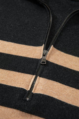 Black Stripe Collared Quarter Zipper Oversized Sweater Sweaters JT's Designer Fashion