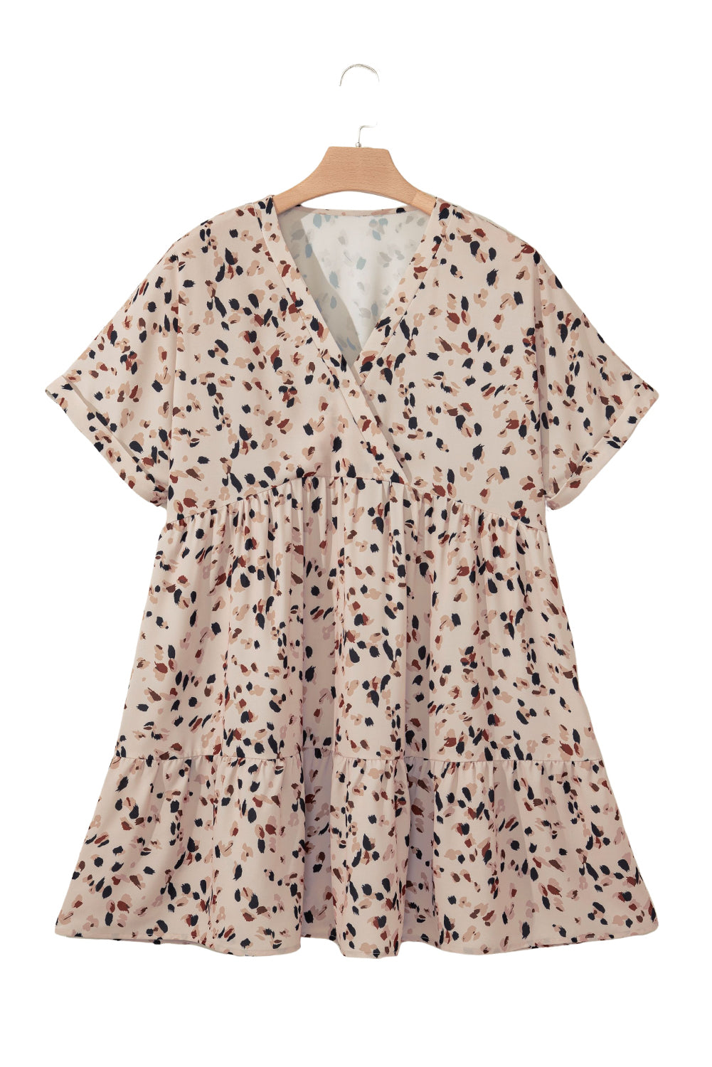 Beige Printed Surplice V Neck Cuffed Sleeve Empire Waist Plus Size Dress Plus Size Mini Dresses JT's Designer Fashion
