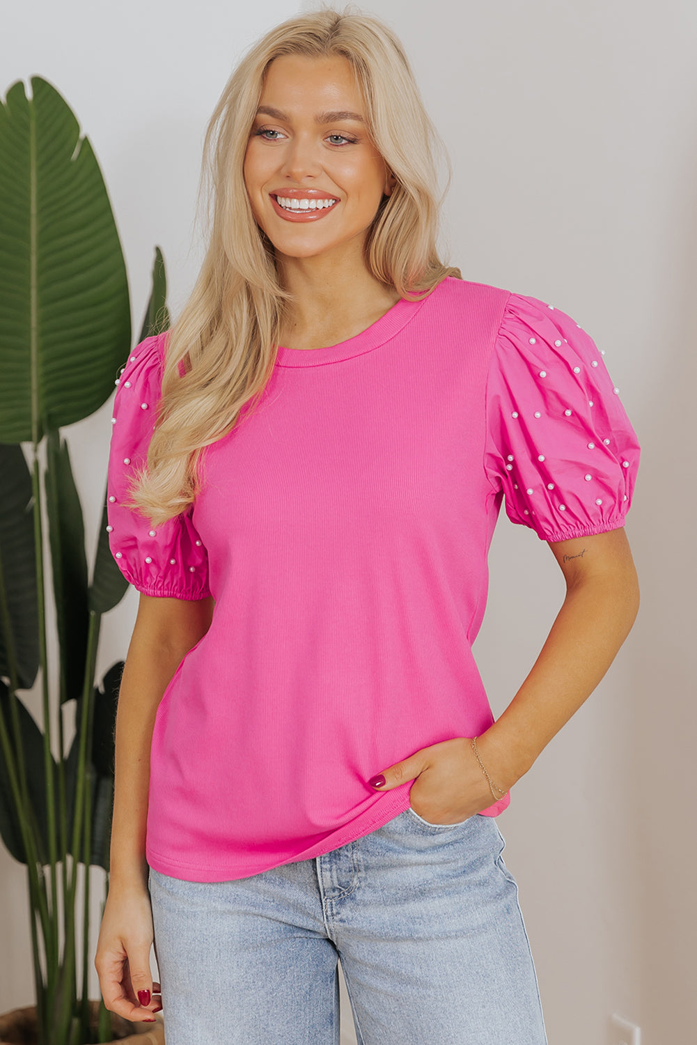 Bright Pink Ribbed Pearl Beaded Puff Sleeve Top Blouses & Shirts JT's Designer Fashion