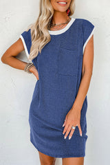 Sail Blue Rib Textured Cap Sleeve T-Shirt Dress Sail Blue 70%Polyester+27%Viscose+3%Elastane T Shirt Dresses JT's Designer Fashion