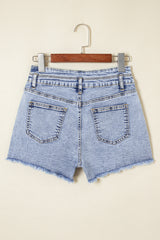 Beau Blue Rhinestone Light Wash Raw Hem High Waist Denim Shorts Denim Shorts JT's Designer Fashion