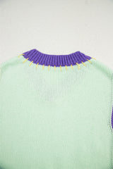 Green Stitched V Neck Color Block Knitted Drop Shoulder Sweater Sweaters JT's Designer Fashion