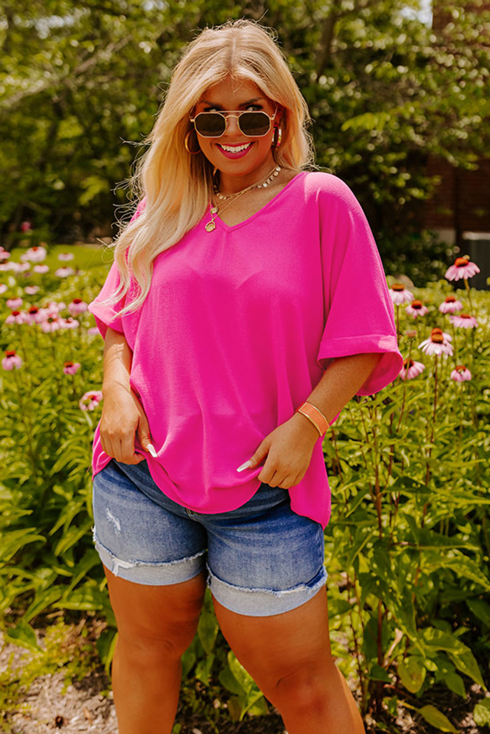 Bright Pink Seamed Back High Low Hem V Neck Cuffed Sleeve Plus Size Tee Plus Size Tops & Tees JT's Designer Fashion