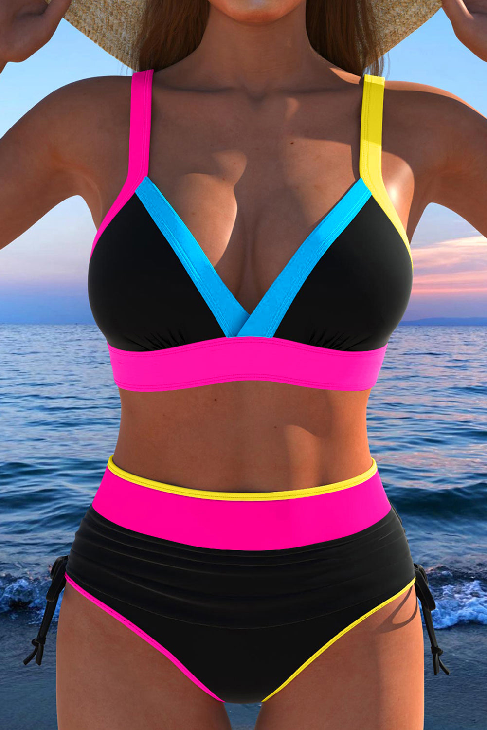 Black Color Block Drawstring Side V Neck High Waist Bikini Set Bikinis JT's Designer Fashion