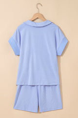 Sky Blue Stripe Dolman Sleeve Polo Shirt and Drawstring Shorts Set Short Sets JT's Designer Fashion