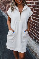 White Textured Half Zip Collared Cap Sleeve Mini Dress Mini Dresses JT's Designer Fashion