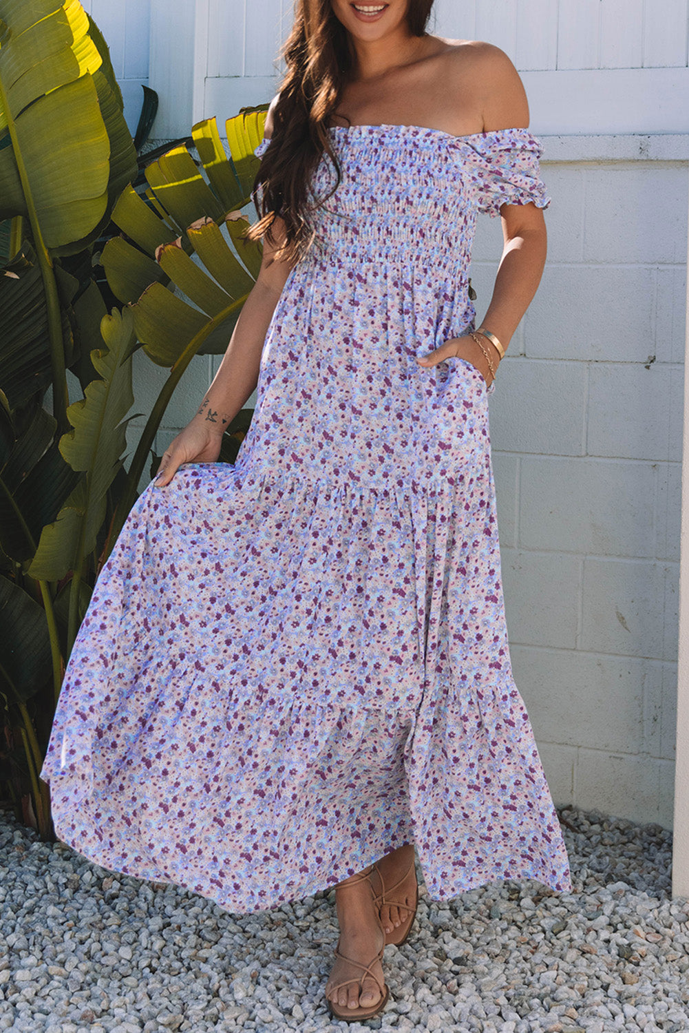 Purple Floral Short Bubble Sleeve Shirred High Waist Long Dress Maxi Dresses JT's Designer Fashion