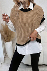 Light French Beige Contrast Trim Round Neck Batwing Sleeve Sweater Top Sweaters & Cardigans JT's Designer Fashion