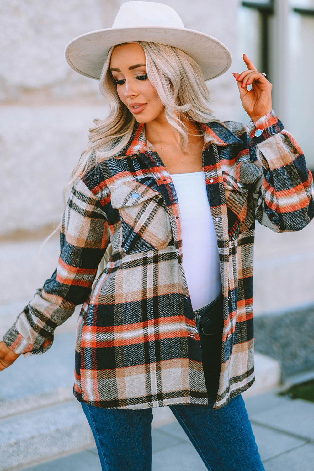 Khaki Geometric Plaid Print Pocketed Shacket Plaid Shackets JT's Designer Fashion
