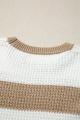 Light French Beige Colorblock Striped Drop Shoulder Side Slit Sweater Sweaters JT's Designer Fashion