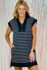 Navy Blue Striped Quarter Zip Collared Cap Sleeve Mini Dress Dresses JT's Designer Fashion