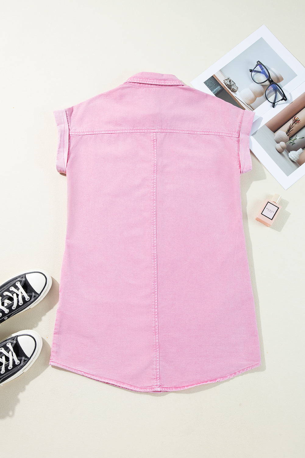 Pink Short Sleeve Double Chest Pocket Denim Shirt Dress Mini Dresses JT's Designer Fashion