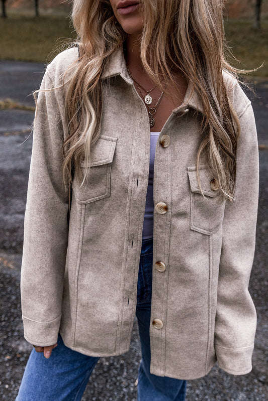 Light Grey Turn Down Collar Flap Pockets Buttoned Shacket Light Grey 85%Polyester+15%Viscose Jackets JT's Designer Fashion