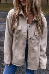 Light Grey Turn Down Collar Flap Pockets Buttoned Shacket Light Grey 85%Polyester+15%Viscose Jackets JT's Designer Fashion