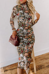 Brown Floral Allover Print Mock Neck Bodycon Long Sleeve Midi Dress Brown 95%Polyester+5%Elastane Floral Dresses JT's Designer Fashion