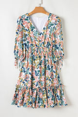 Sky Blue Floral 3/4 Sleeve V Neck High Waist Ruffled Dress Floral Dresses JT's Designer Fashion