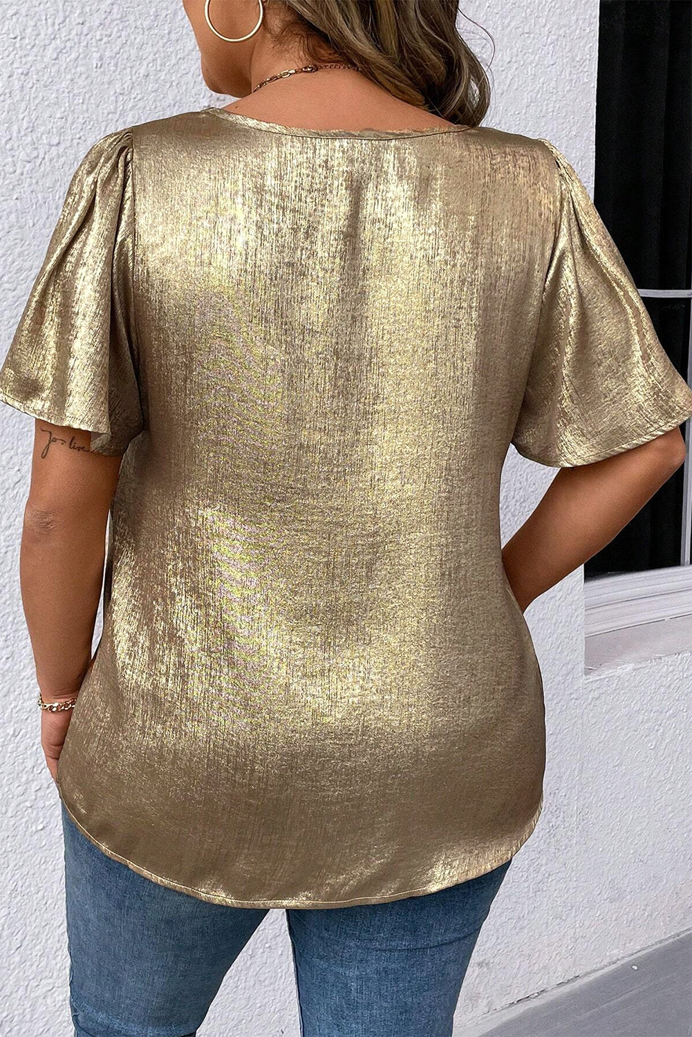 Gold Plus Size Metallic V Neck Short Sleeve Blouse Plus Size Tops & Tees JT's Designer Fashion