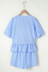 Sky Blue Striped Bowknot Detail Puffy Sleeve Top and Shorts 2Pcs Set Short Sets JT's Designer Fashion